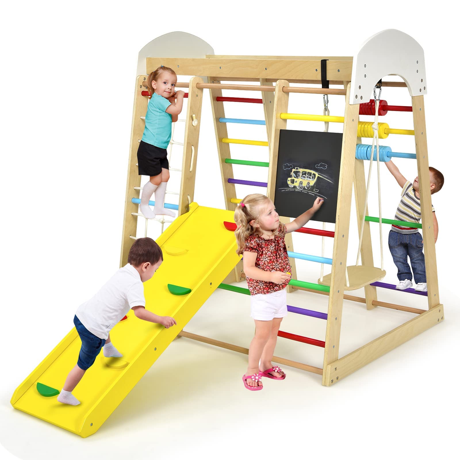RELAX4LIFE 8 in 1 Triangolo da Arrampicata Multifunzione, Parco Giochi in legno Massello con Scivolo, Altalena e Lavagna, Uso Interno, per Bambini 1 a 5 anni (Modello 3 Colorato)