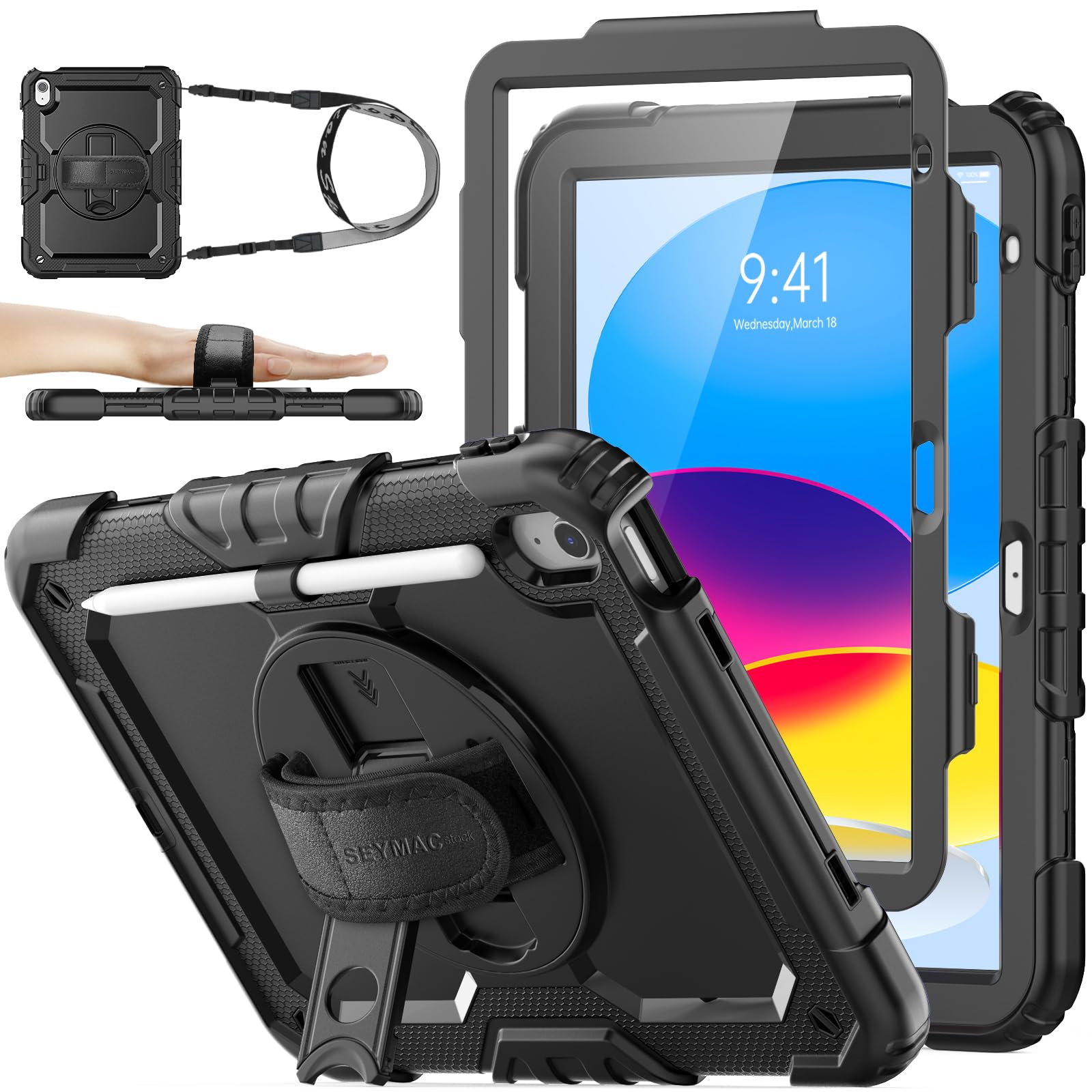 SEYMAC stock Case for iPad A16 11th/10th Generation (11/10.9 Inch) 2025/2022, Heavy Duty Shockproof with Screen Protector, 360° Rotating Stand/Hand Strap, Pencil Holder & Shoulder Strap, Black
