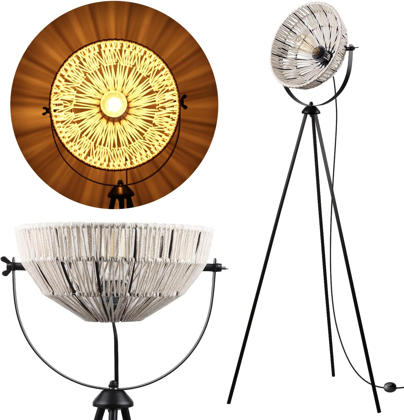 Novelty Tripod Floor Lamps with Boho Hand-Woven Lampshade,Mid Century Standing Lamp,Adjustable Tall Pole Floor Lights/Table lamp for Living Room,Games Room,Home Office Decor