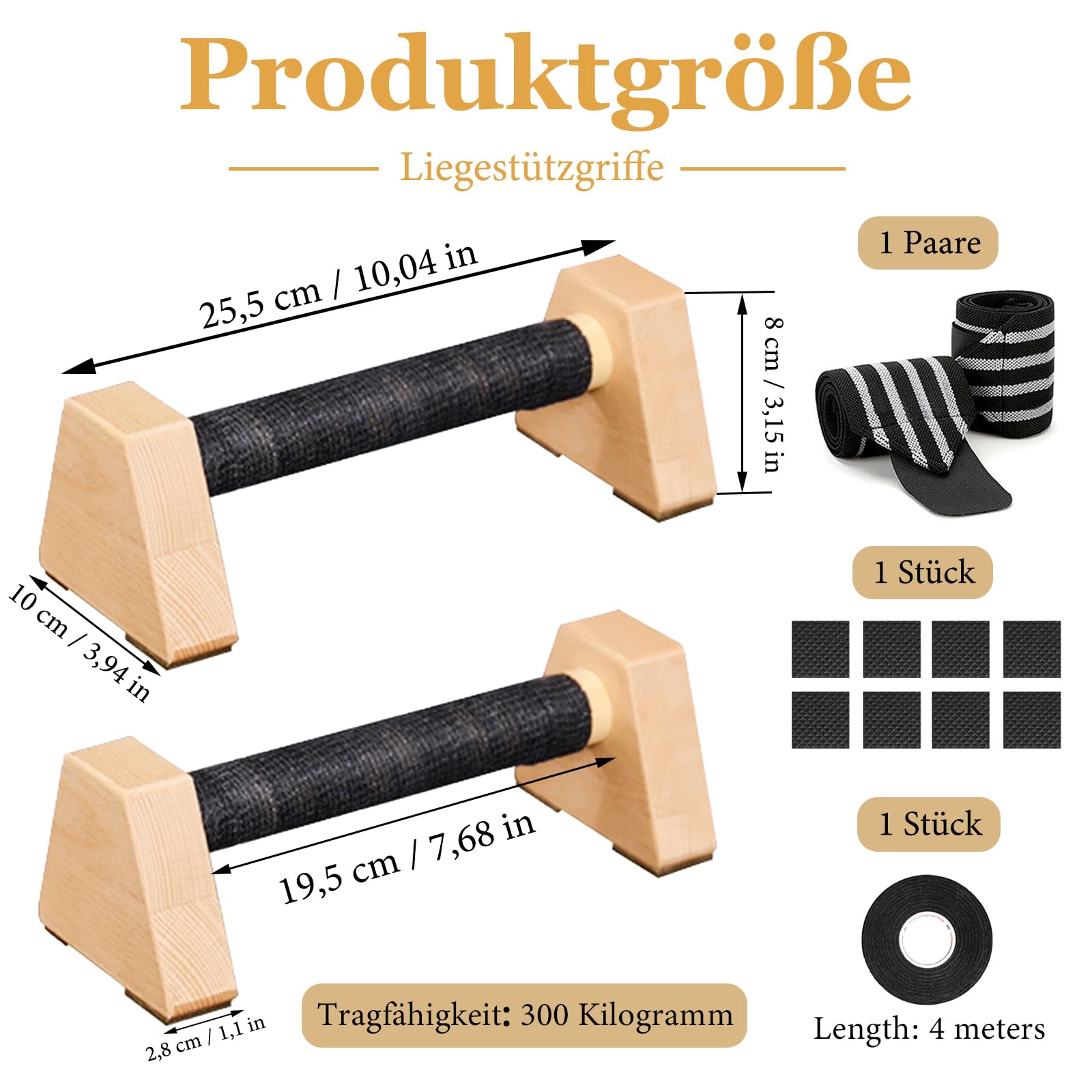 Kalistenik Parallets, 2 równoległe drewniane drążki, równoległe drewniane pompki, masywny drążek do gięcia, z 1 rolką taśmy samoprzylepnej i 1 parą opasek na nadgarstek, do fitnessu, gimnastyki