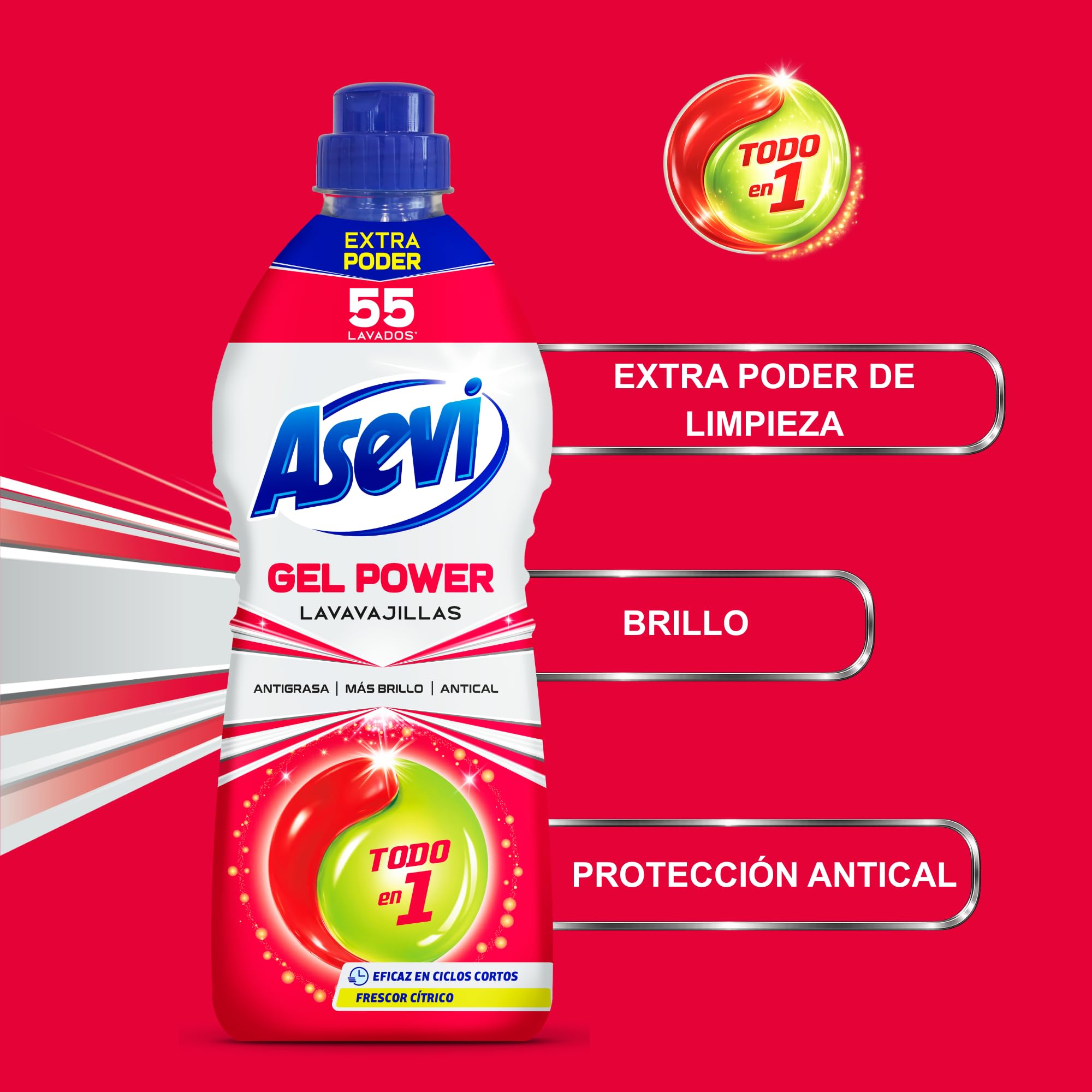 Asevi Lavavajillas Líquido Máquina Gel Power Todo en 1 55 Lavados Pack 10