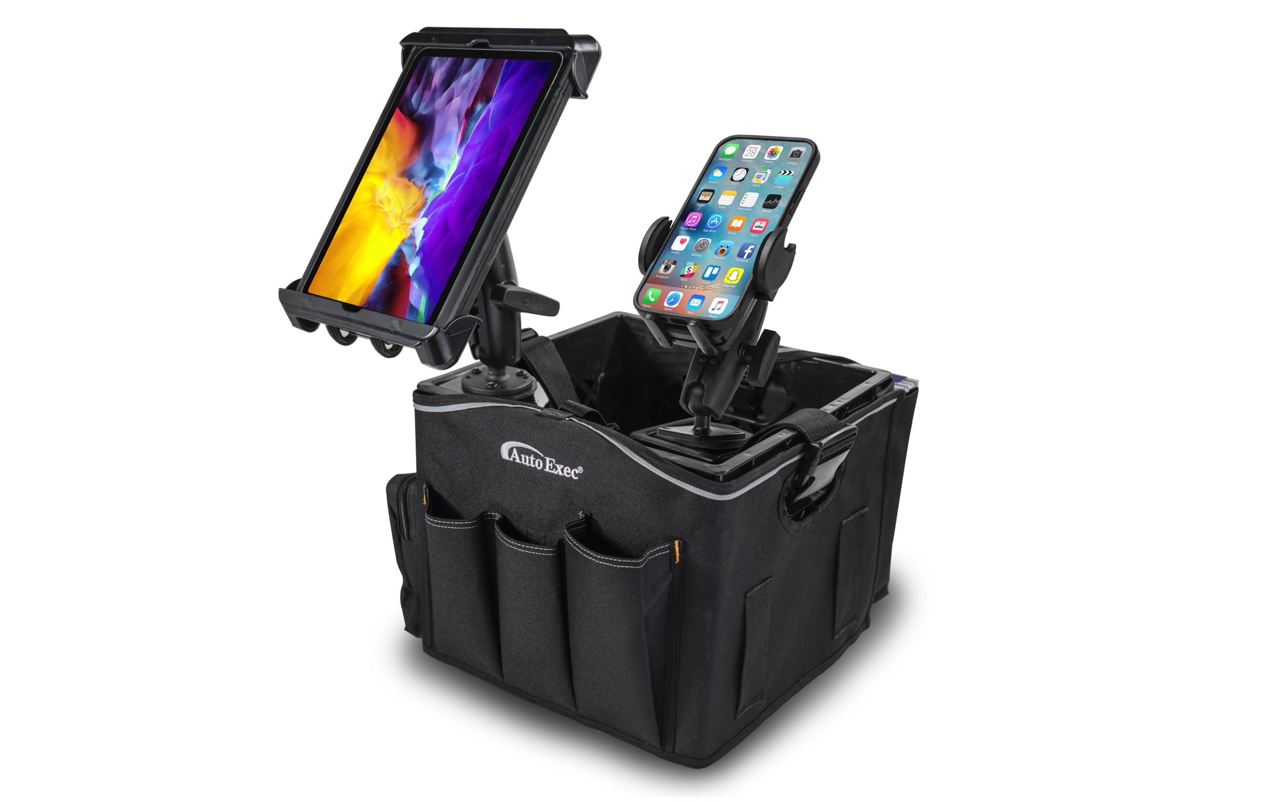 AutoExec Milkcrate Vehicle and Mobile Office Work Station with Apron Organizer, Phone Mount and Tablet Mount