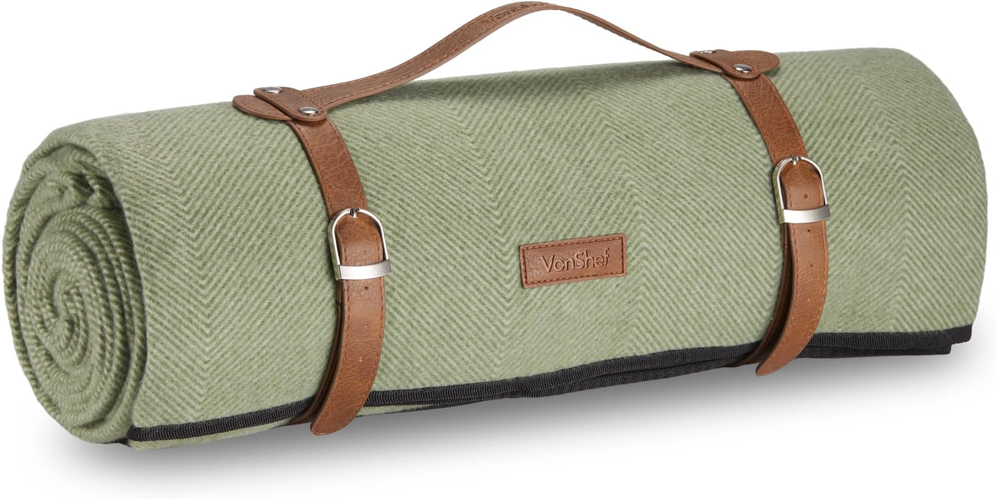 VonShef Picnic Blanket - Green Herringbone Outdoor Rug with Waterproof Backing - 8 Person Weatherproof Picnic Mat with Faux Leather Handle - Travel Blanket Camping Accessories - 200x220cm