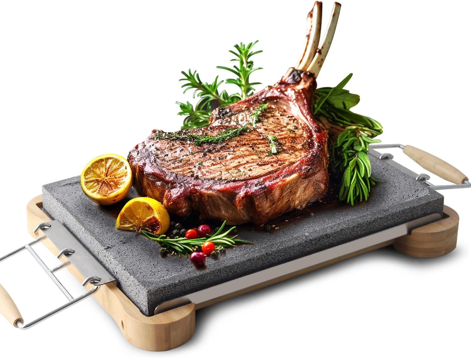 Extra-Large Lava Steak Stone Grill Set with Bamboo Base & Heat-Resistant Handles - 15.75" x 11.81" Natural Lava Stone for Steak, Tabletop Cooking, BBQ Grilling, and Serving