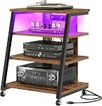 CHOEZON 4-Tier AV Support multimédia avec roues, supports stéréo, étagère de console multimédia avec bandes de puissance, LED Lumières, Tour de rack audio en bois, brun rustique et noir TCJ60UDBF
