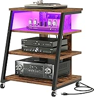 Choezon 4-Tier AV Media Stand with Wheels, Power Strip, RGB LED Lights - Rustic Brown/Black Stereo Audio Rack TCJ60UDBF