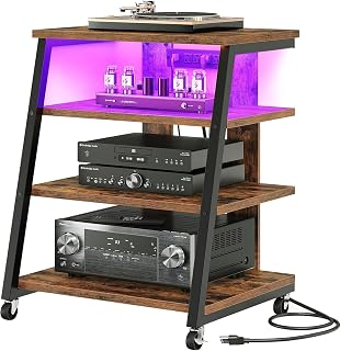 Choezon 4-Tier AV Media Stand with Wheels, Power Strip, RGB LED Lights - Rustic Brown/Black Stereo Audio Rack TCJ60UDBF