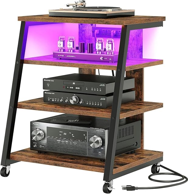 CHOEZON 4-Tier AV Support multimédia avec roues, supports stéréo, étagère de console multimédia avec bandes de puissance, LED Lumières, Tour de rack audio en bois, brun rustique et noir TCJ60UDBF