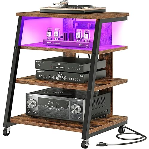 4-Tier AV Media Stand with Wheels, Stereo Stands, Media Console Shelf with Power Strips, LED Lights, Wooden Audio Cabinet Rack Tower, Rustic Brown and Black TCJ60UDBF