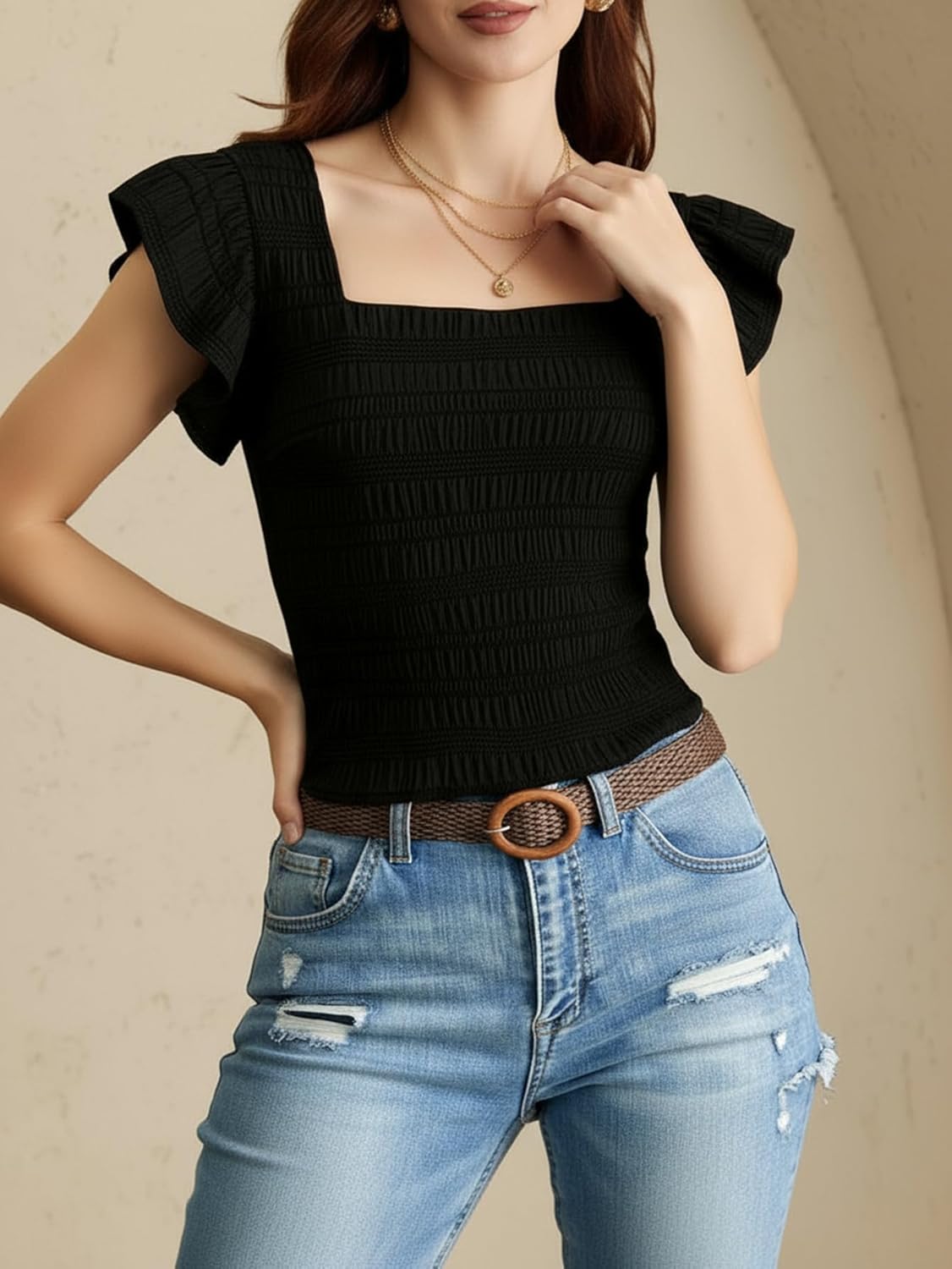 Women's Summer Ruffle Sleeve Cute Blouses Dressy Casual Square Neck Tops - Image 3