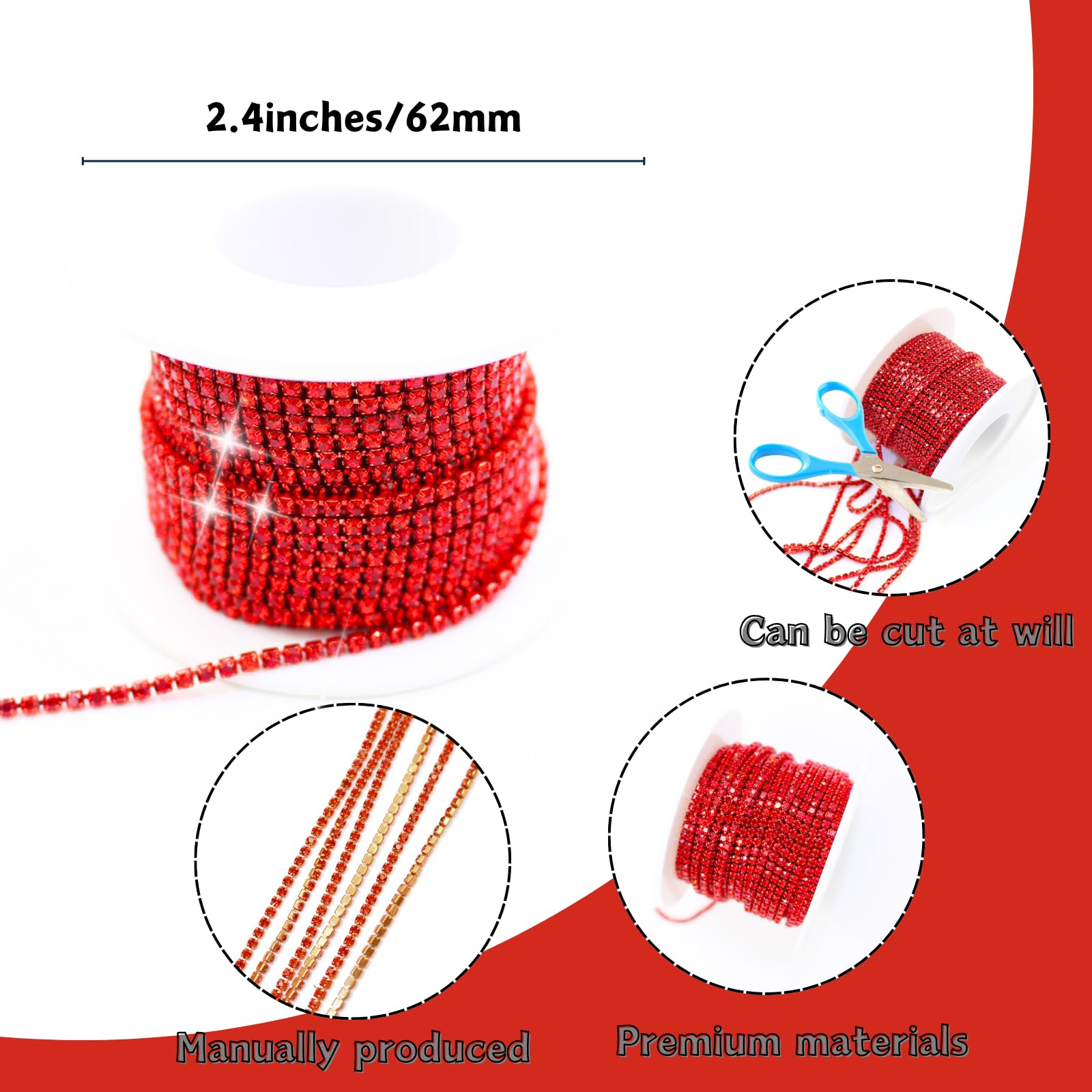 PEARLY JUN 10 Yards Red Rhinestone Chain Light Siam Rhinestone Trim Crystal Artificial Stone Trim Cup Chain SS6 2mm Color Plated Cup Stitch Costume Decoration - Image 3