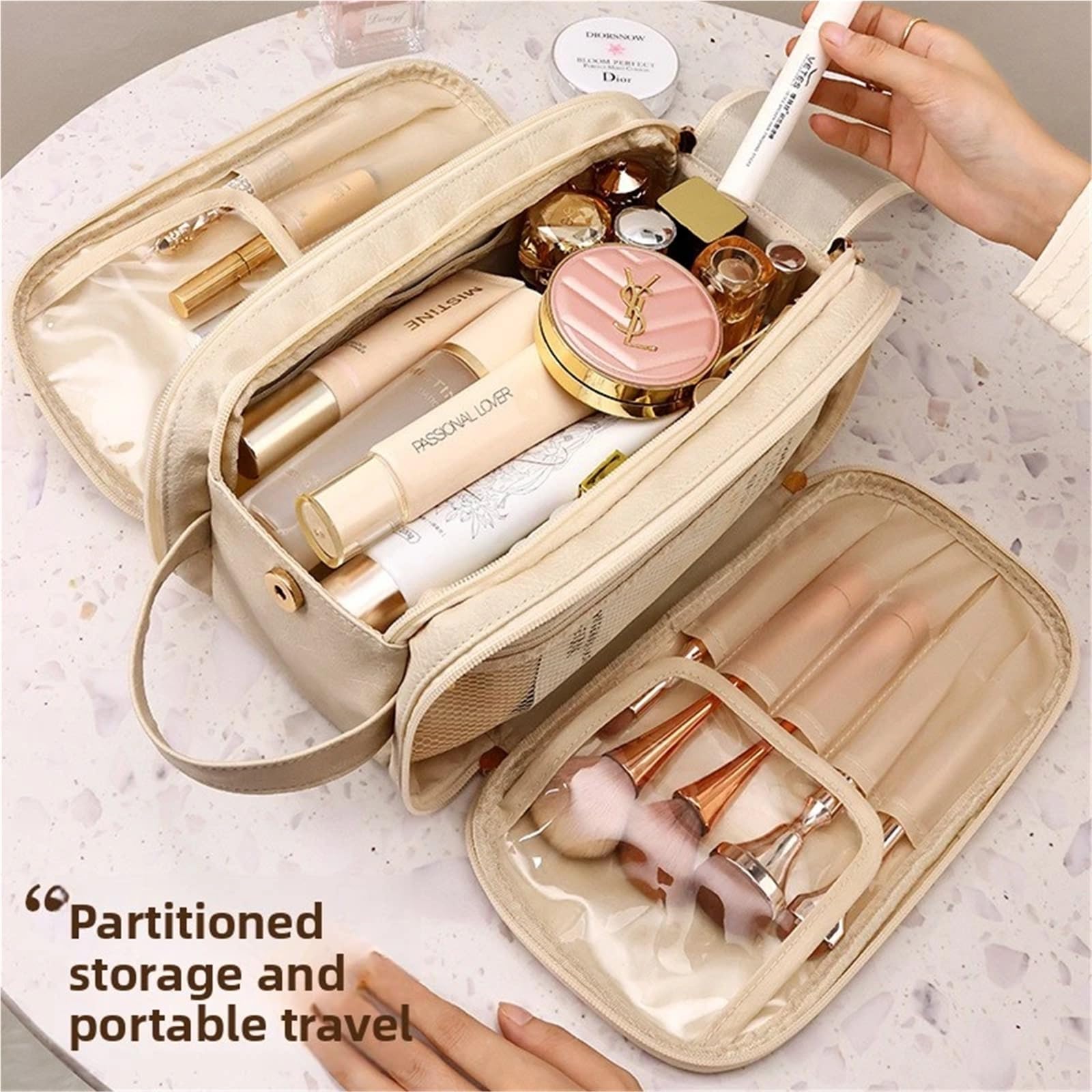 Bolsa de Maquillaje con Doble Cremallera, Gran Capacidad, portátil for Viajes Negocios, brocha, Bolsa Aseo, 1 Uds para Viajar(Black)