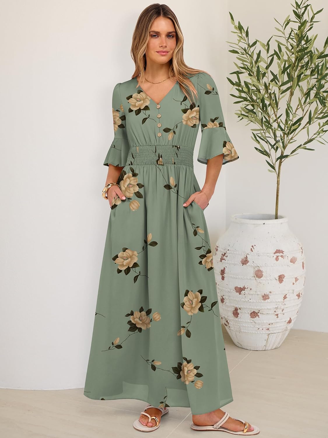 ANRABESS Womens Maxi Dress 2026 Summer Boho Ruffle Sleeve V Neck A Line Elastic Waist Flowy Wedding Guest Party Long Dresses