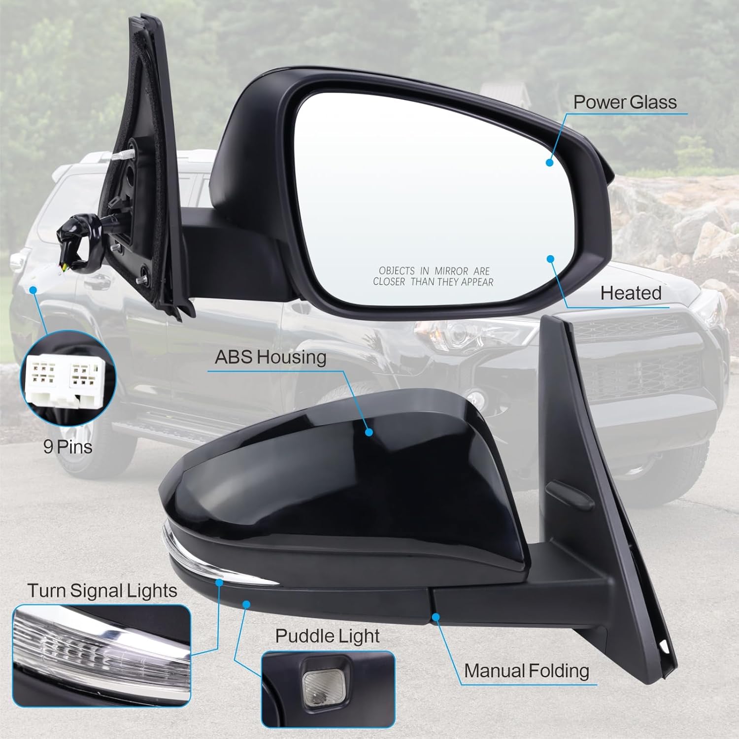Right Passenger Side Mirror Compatible with 2014-2025 Toyota 4runner With Manual folding Power Glass Heated Turn signal Puddle Light Black Replace#TO1321312 (9Pins)