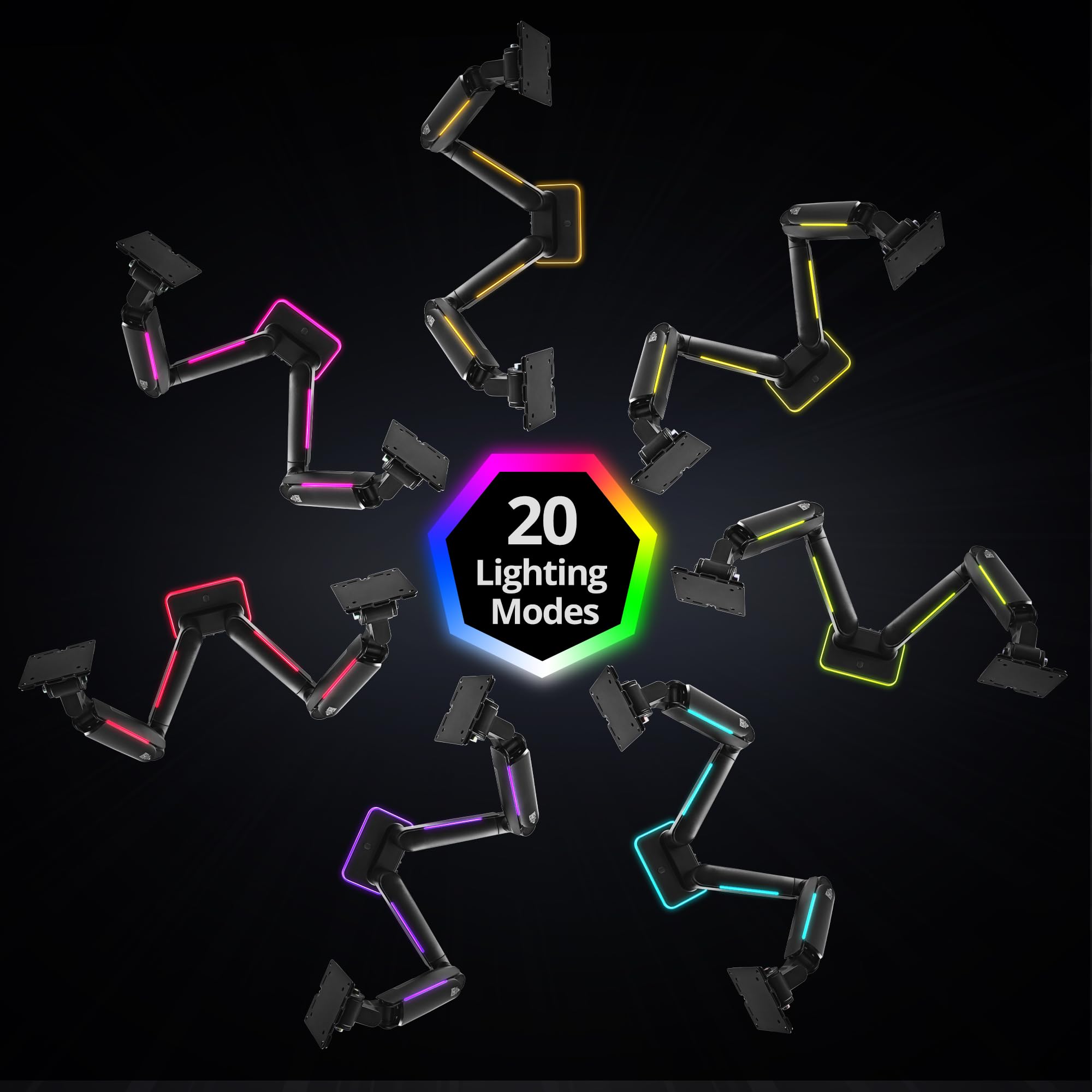 RGB Lights Dual 17-43 Gaming Monitor Arm Soporte de escritorio, se adapta a dos pantallas planas/curvas/ultraanchas de hasta 44 libras (44.1 lbs), soporte ajustable de inclinación giratoria de 8