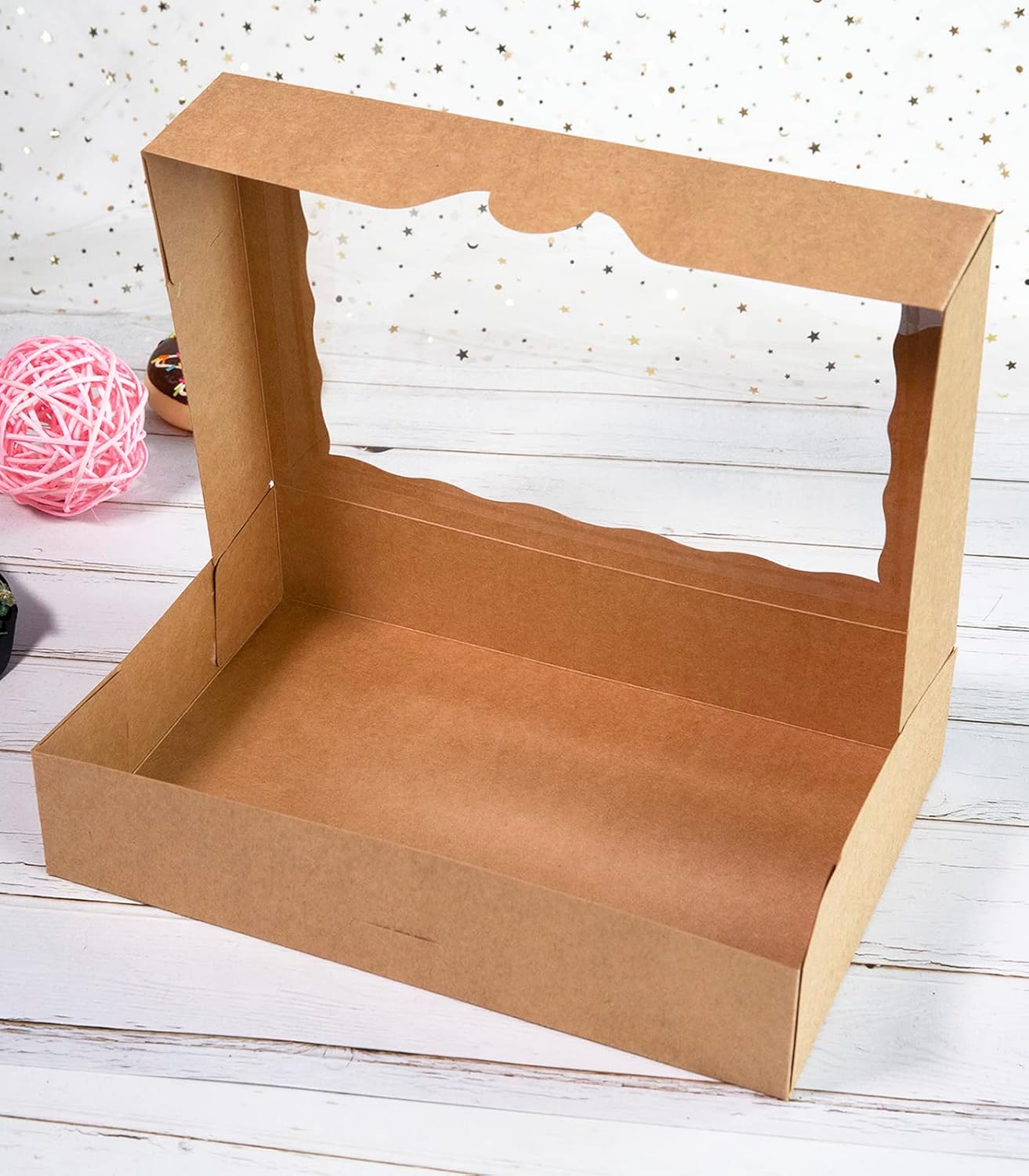 15-PACK Pastry Bakery Box 16x11x2.75inch,Brown Large Donuts,Muffins,Cookies Boxes with PVC Window Auto-Pop up Paper Box Nature Cardboard Take Out Container,Hold 12 Donuts,Pack of 15