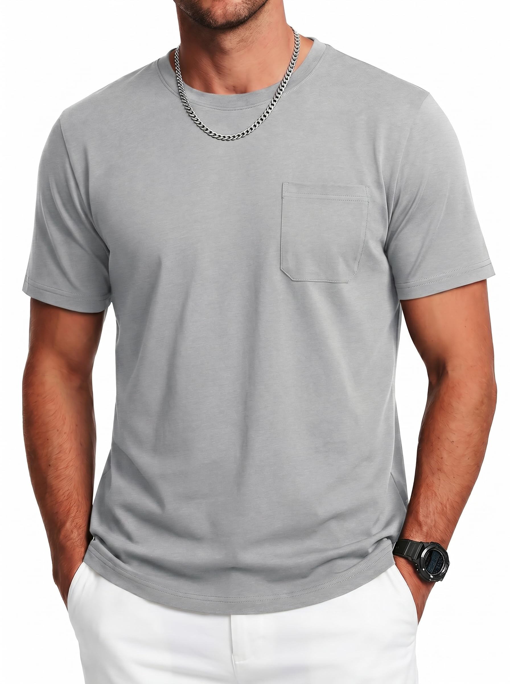 Cavva Herren T-Shirt Baumwolle Kurzarm UV Shirt Atmungsaktiv Tshirt Freizeit Oberteil Rundhals Top mit Brusttasche