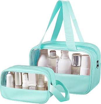 Clear Makeup Bag, 2 Pcs of Cosmetic Bags Set, Transparent PVC Travel Makeup Pouch, Waterproof Cute Toiletry Bag for Women Mint Green