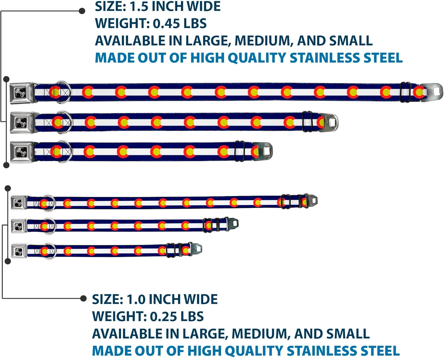 Buckle-Down 18-32" Colorado Flags2 Repeat Dog Collar Bone, Wide Large