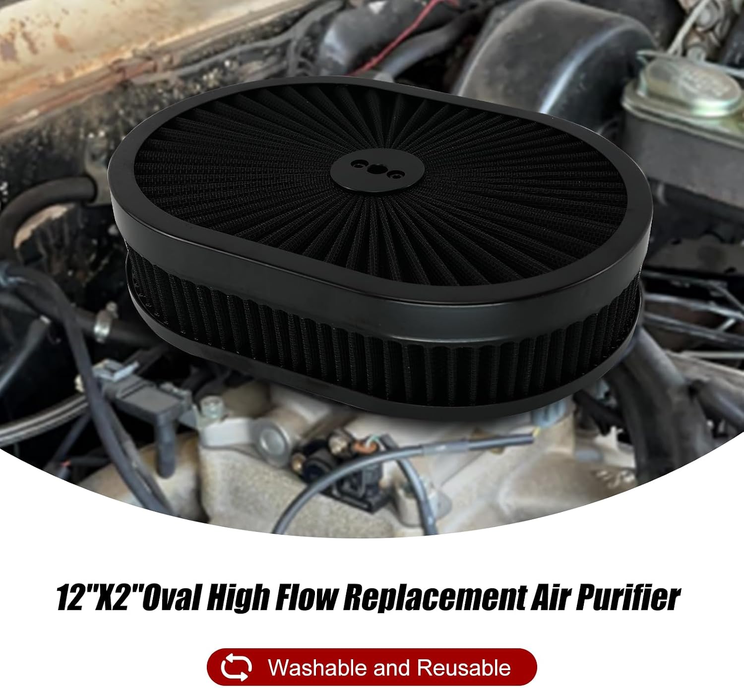 RYANSTAR RACING 12" x 2" Oval Air Filter Assembly Kit Includes Flow-Thru Lid Washable Air Filter Element Compatible with Chevy Ford GMC Black