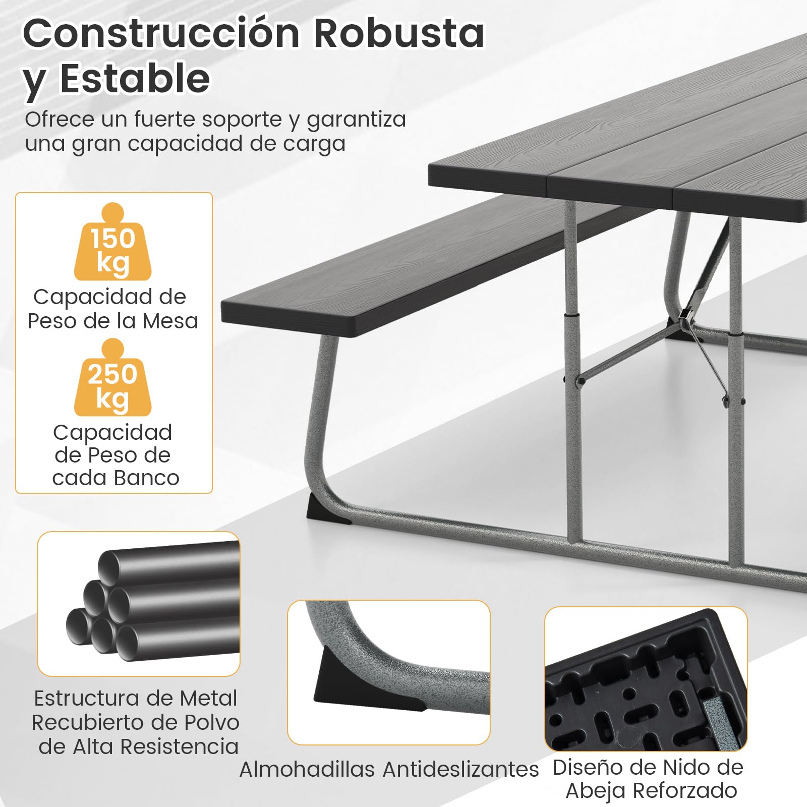 COSTWAY Conjunto de Mesa de Camping con 2 Bancos Plegable, Mesa de Picnic de HEPE para 8 Personas, Orificio para Sombrilla, Mesa y Sillas Jardin Patio Terraza (Negro)