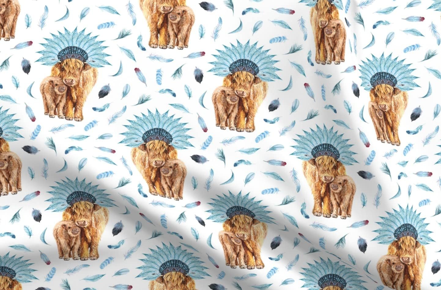 Spoonflower Fabric - Highland Cattle Blue Feather Crown Feathers Background Cow Boy Printed on Upholstery Velvet Fabric Fat Quarter - Upholstery Home Decor Bottomweight Apparel
