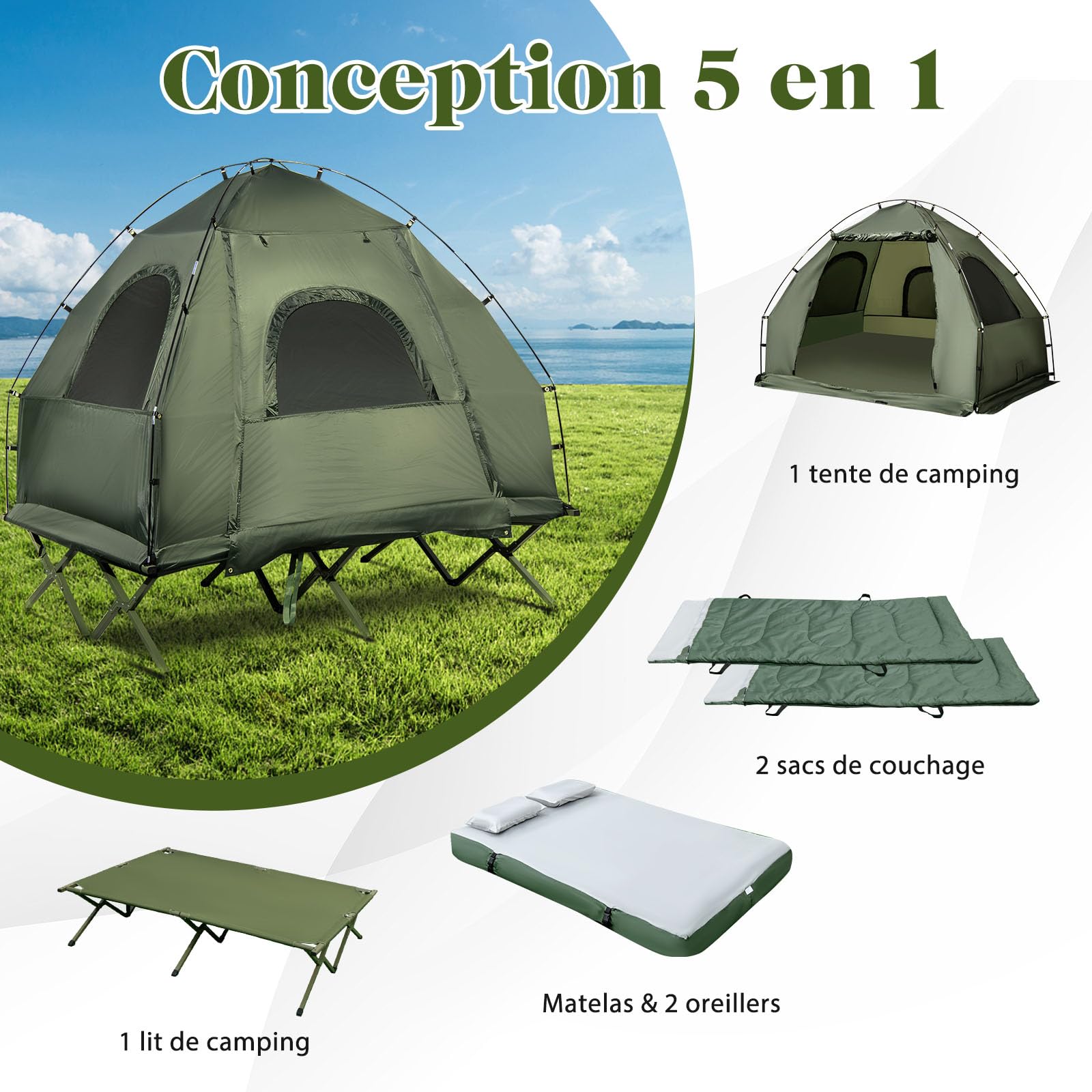 GYMAX Tente avec Lit de Camping pour 1/2 Personnes, Bâche Anti-Pluie Supplémentaire, pour Randonnée, Pique-Nique, Pêche