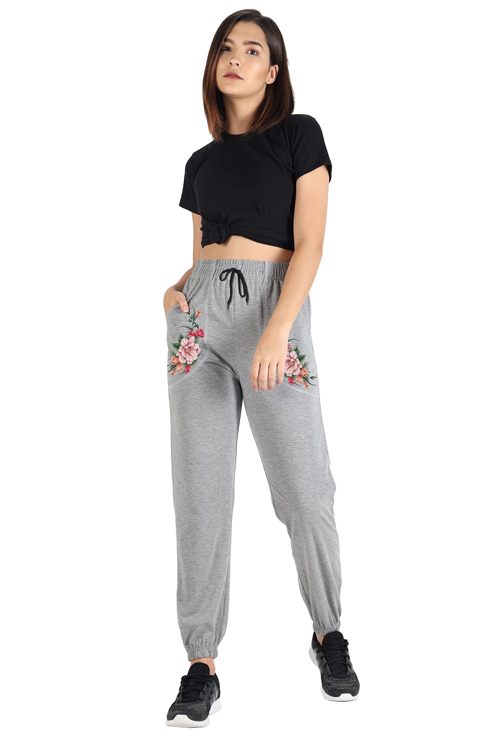 fflirtygo Cotton Solid Joggers/Track Pant/Solid Pajama/Leggings �100% Export Quality Soft Cotton Night Wear/Floral Print Pocket Pyjama for Women Grey Pyjama-picture-41