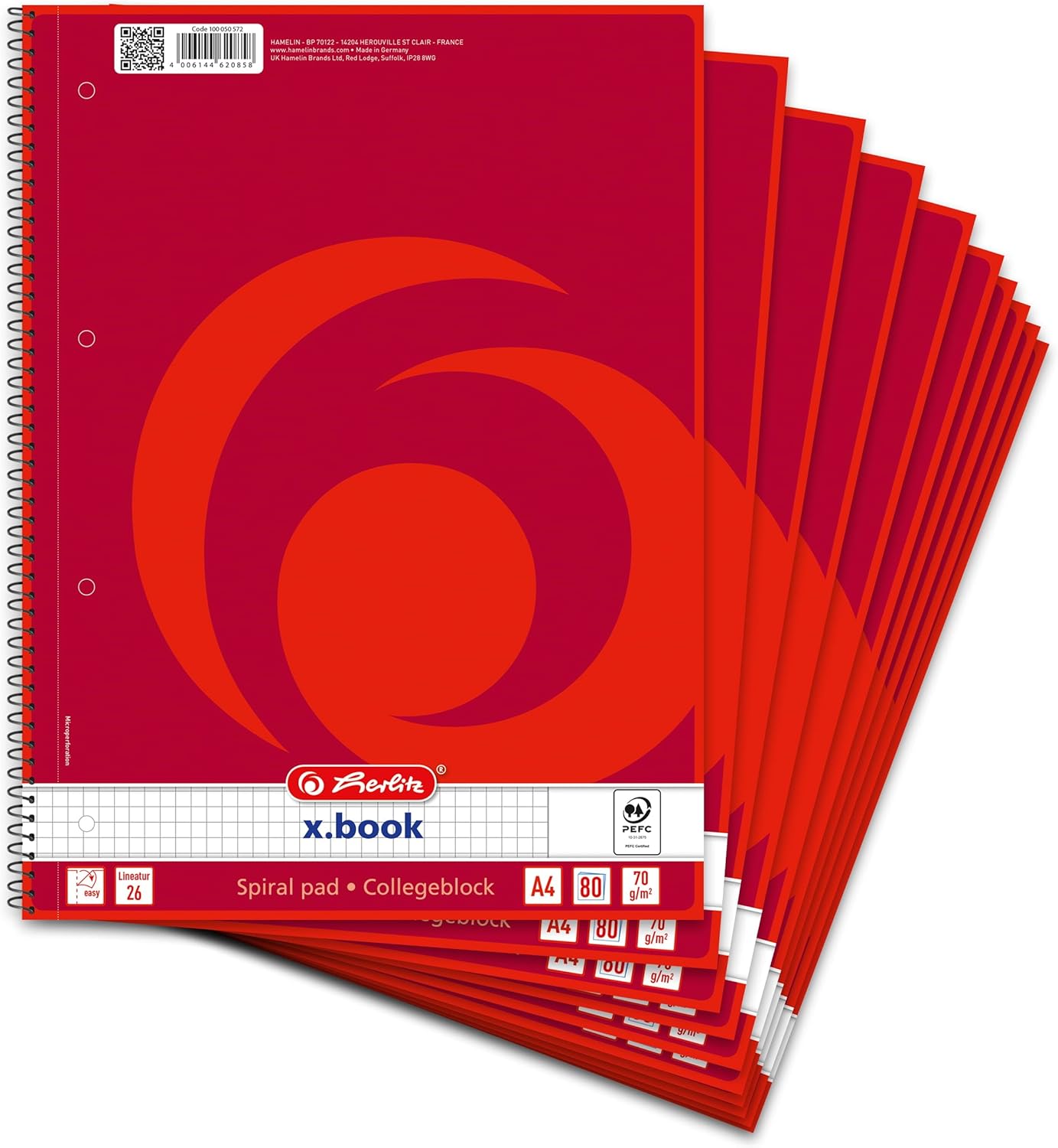 LANDRE 100050568 Graph Paper Notebook A4 80 Pages 70 g/m² (Pack of 10 Spiral-Bound Notepad College, A4 Rip-Out, 80 Sheets, Chequered/Margin On The Right