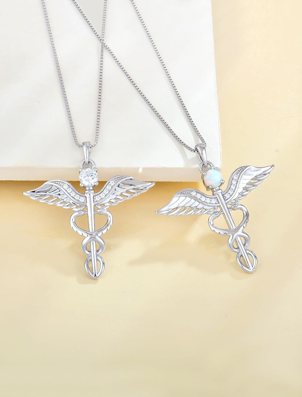 YL Caduceus Necklace Sterling Silver Doctor Nurse Themed Pendant Birthstone Angel Wings Snake Jewelry for Women - Image 4