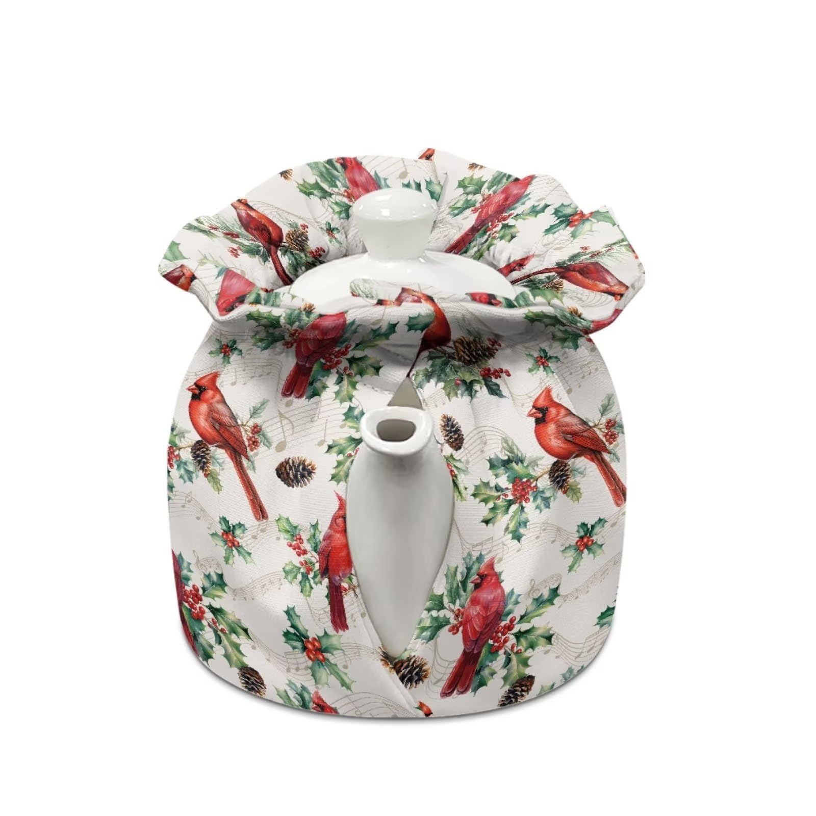 Sellikakes Christmas Bird Berry Teapot Cosy Creative Kitchen Home Teapot Dust Protector Cover with Drawstring Soft Fabric Tea Kettle Cover Decorative Accessories