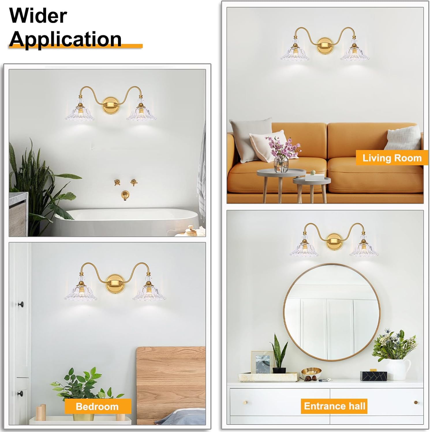 Gold Bathroom Vanity Light Fixtures 2 Lights Vanity Lights for Bathroom with Floral Crystal Glass Shade Modern Wall Lighting Fixtures Over Mirror(Exclude E26 Bulb)