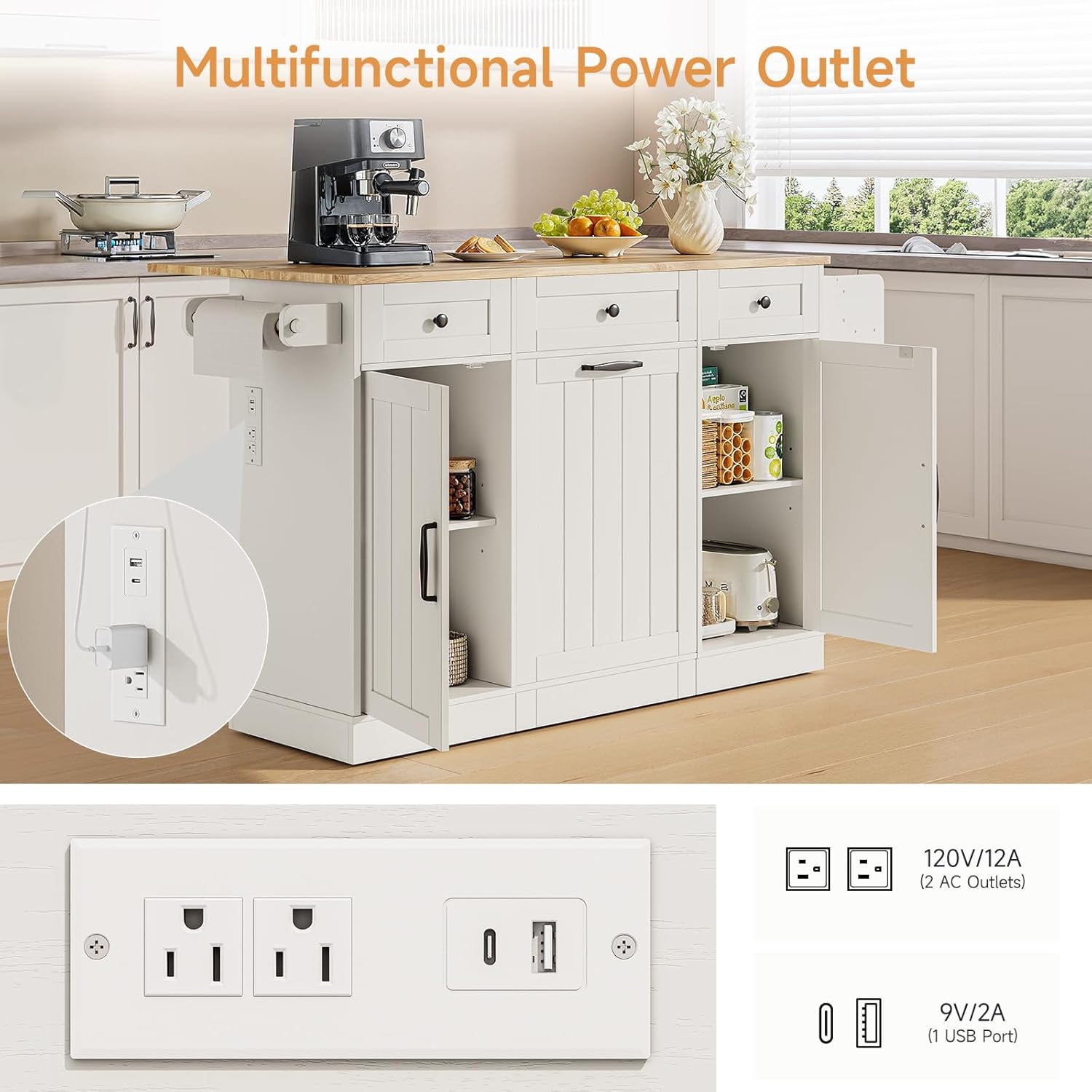 ONBRILL 61" Kitchen Islands with Movable Wood Cutting Board & Trash Storage Cabinets, Rolling Island Cart with Drop Leaf & Power Outlet, Dining Table with Spice & Towel Rack & Knife Holder, White