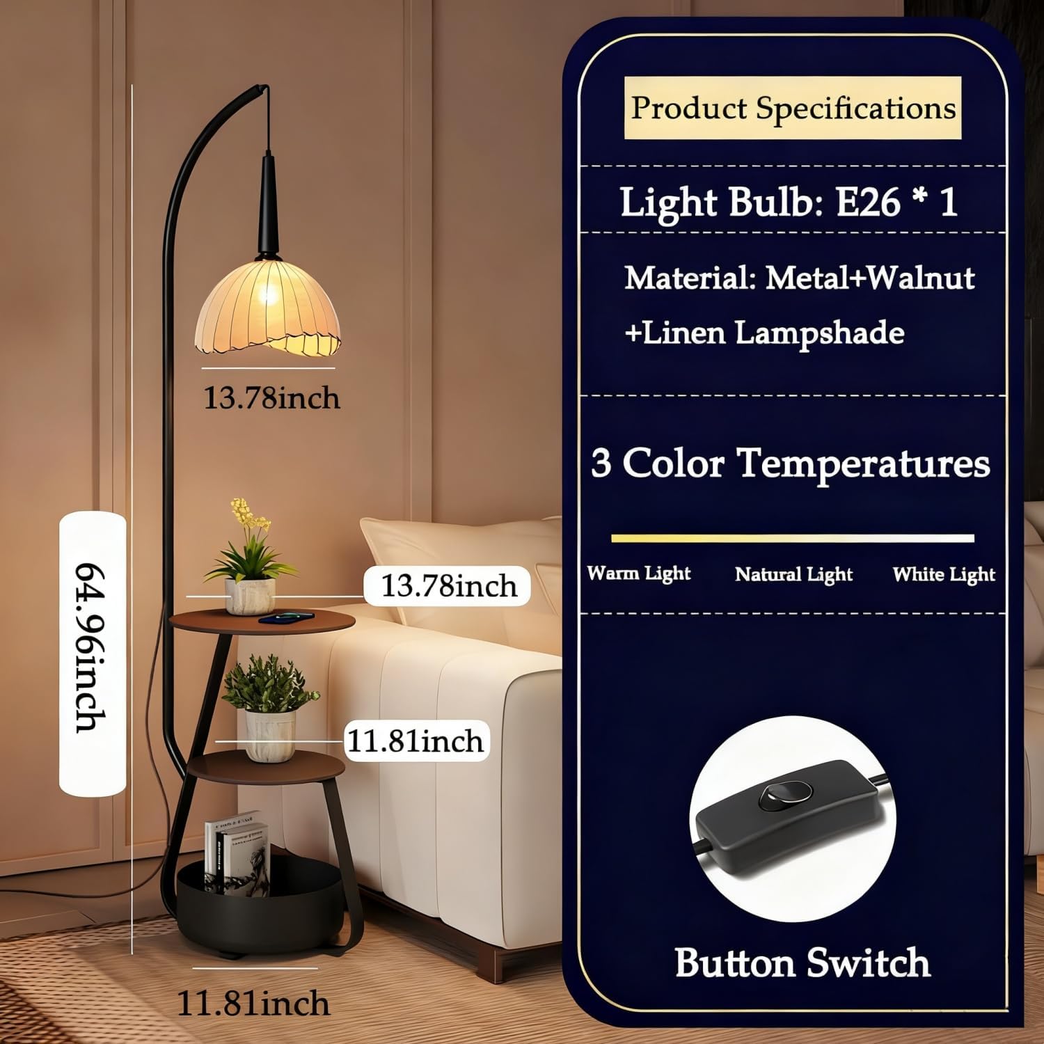 Boho Arc Floor Lamp with Table & Storage,3 Color Temperature Reading Light,Arch Lamps with Fabric Shade,65" Standing Lamps for Bedroom,Mid-Century Modern Black Floor Lamp for Living Room,Office