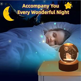 3D Moon Rabbit Crystal Ball Plug in Night Light,60mm Animal Glass Ball Lamps with Control LED Wooden Base,3D Engraved Crystal Ball Lamps Ornament Home Decor, Gift for Christmas Kids Friends Family [Energy Class A++]