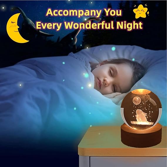 3D Moon Rabbit Crystal Ball Plug in Night Light,60mm Animal Glass Ball Lamps with Control LED Wooden Base,3D Engraved Crystal Ball Lamps Ornament Home Decor, Gift for Christmas Kids Friends Family [Energy Class A++]