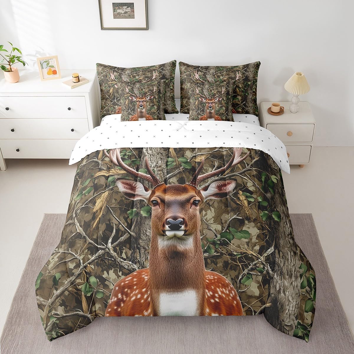 Feelyou 7 Piece Cute Deer Bed in a Bag Full for Boys Kids Deer Hunting Sheet Set,American Flag Camo Bed Set for Girls Women Cabin Deer Bedding Set with Comforter Wildlife Cushion Covers