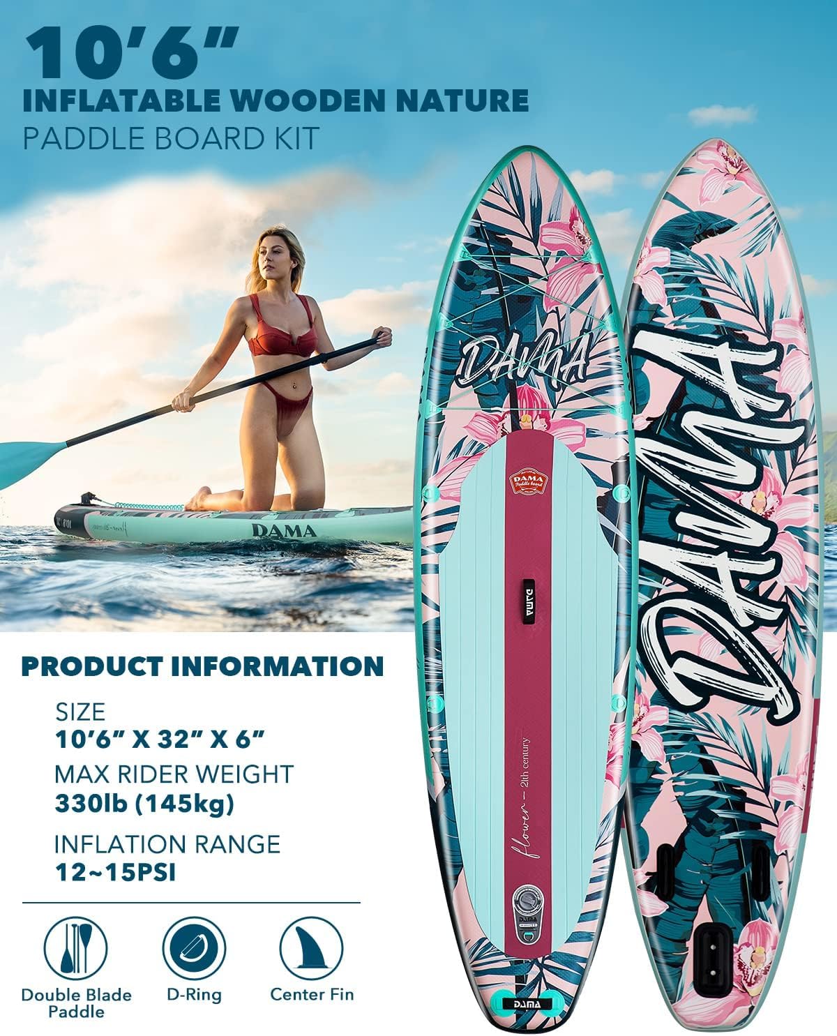 DAMA Light Flower Tabla de Paddle Surf Hinchable, Sup Paddle Board Inflable 320 x 81 x 15 cm, Antideslizante, hasta 145 kg, Remo Doble, Bomba, Mochila, Correa de Seguridad y Bolsa Estanca 5 L