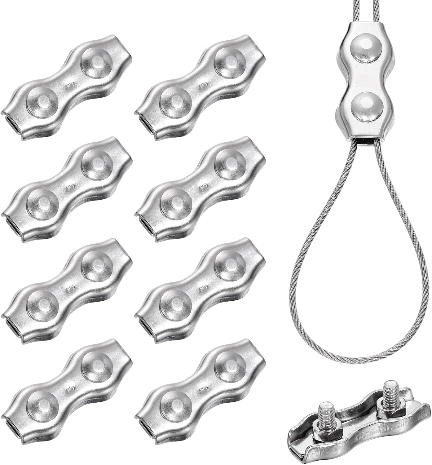 PATIKIL 9 Pcs Stainless Steel Duplex Wire Rope Clips, M4 Duplex Bolt Cable Clips Clamp for 5/64 Inch Diameter Wire Rope for Rigging Tent Guard Railing System, Silver