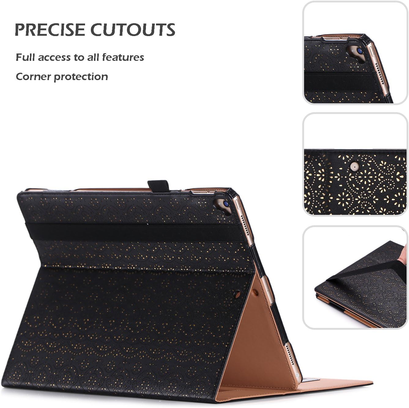 iPad Pro 12.9 (Compatible with 2017 and 2015 Model) Case, WWW [Luxury Laser Flower] Premium PU Leather Case Protective Cover with Auto Wake/Sleep Feature for iPad Pro 12.9 (Both 2017 and 2015) Black