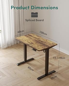 FEZIBO Electric Standing Desk 100 X 60 cm Heigh Adjustable Standing desk, Ergonomic Home Office Desk for sit stand Table with Splice Board & Rustic Wood Grain Surface