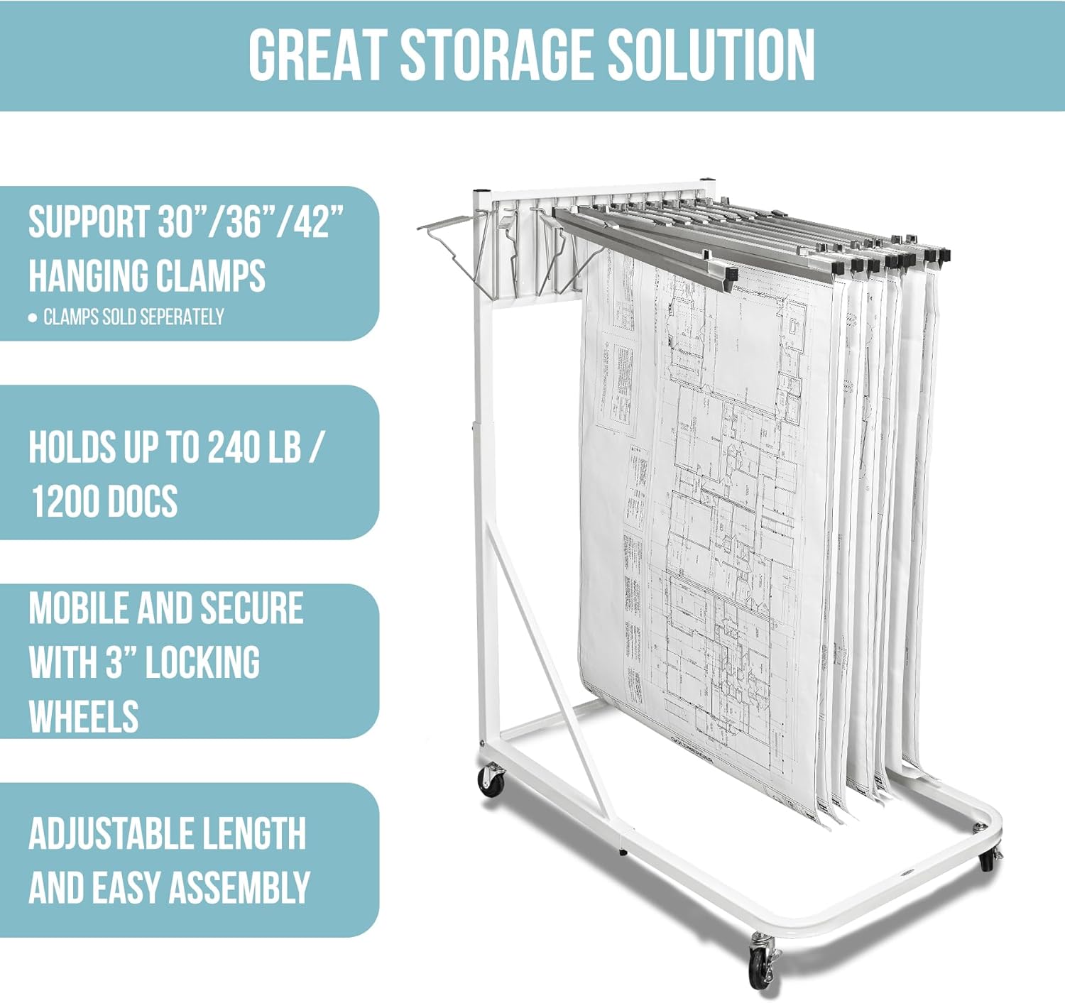 adir mobile blueprint holder – construction plan rack, map organizer, blueprint rack, and poster display rack for jobsite and office (without blueprint clamps) white