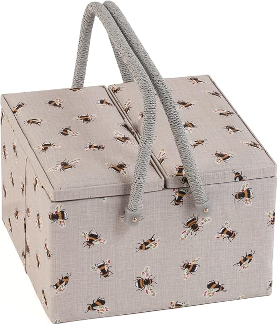 Hobby Gift Exclusive Large Twin Lid Sewing Craft Hobby Storage Box, Accessories Tray Pin Cushion Pockets PVC Handles, 25 x 25 x 17cm, Bees