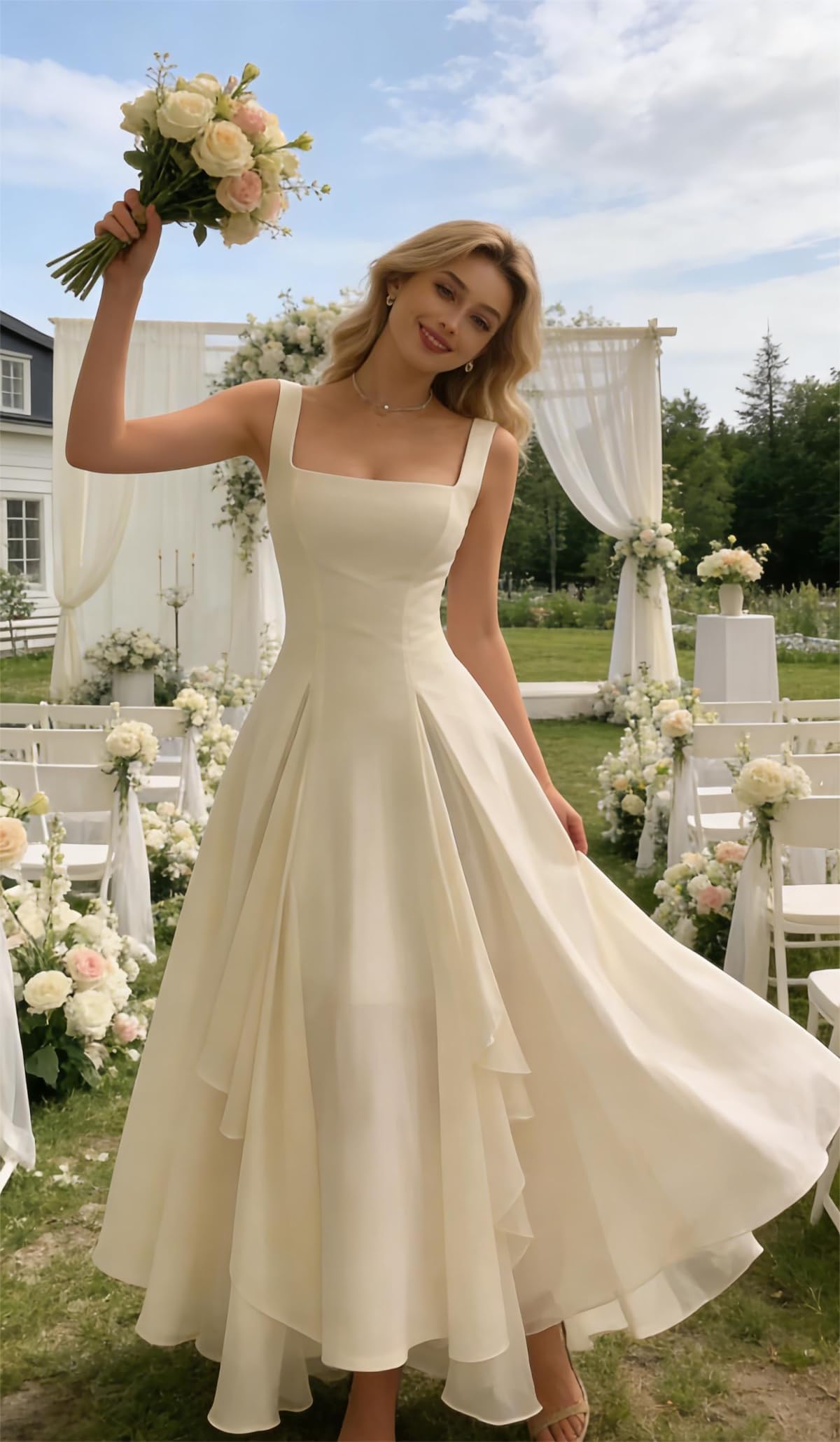 Damen Abendkleid Damen Lang Elegant Brautjungfernkleid A-Line Rüschensaum Festkleider Für Hochzeiten