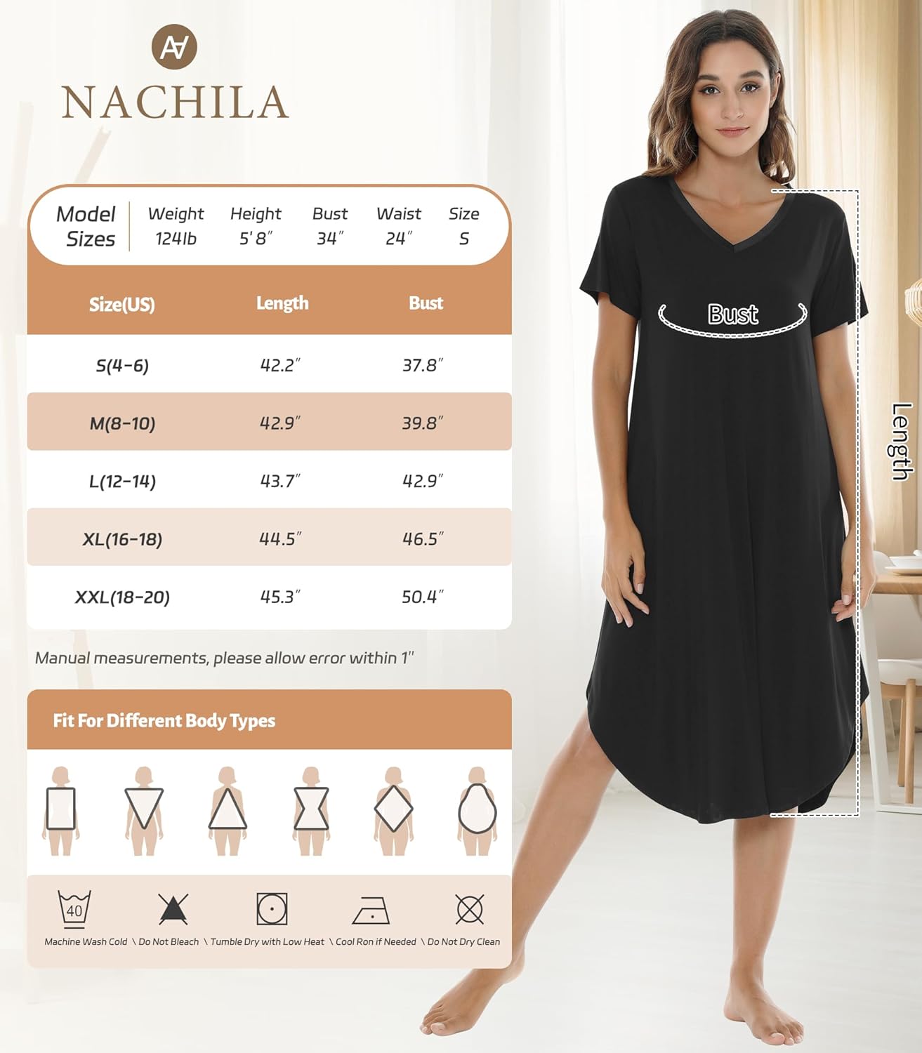 NACHILA Nightgowns for Women-Viscose Made from Bamboo, V Neck Sleepshirts Short Sleeve Sleepwear Cool Nightshirt - Image 6