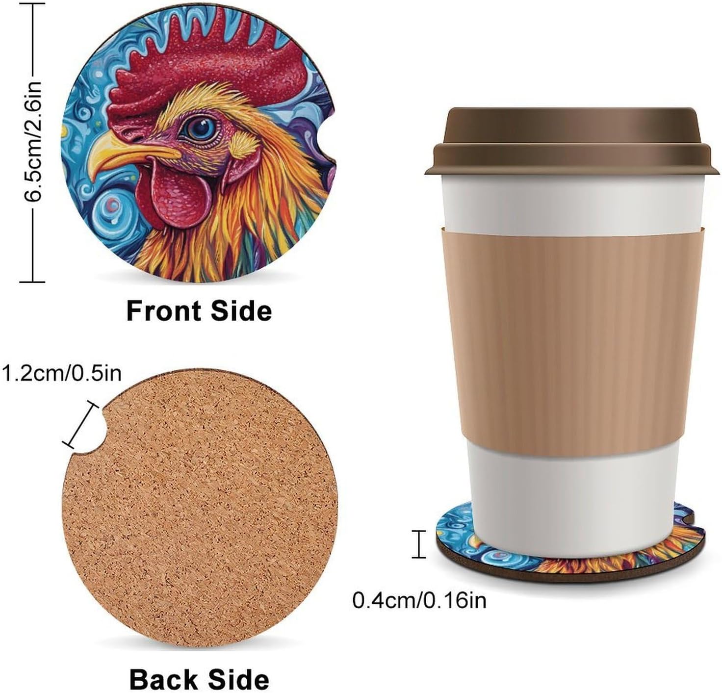 Psychedelic Rooster Head Car Cup Holder Coaster with Cork Base 2.6 Inches Anti Slip