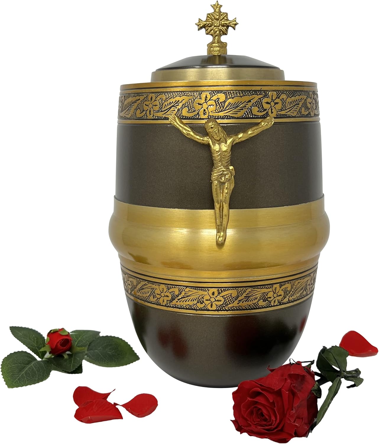 angelAngie Funeral Cremation Catholic Urns for Human Ashes with a Beauty Cross and Jesus Christ Figure, Large Size for Adults up 200 Lbs, Male or Female, Brown Gold