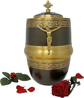 angelAngie Funeral Cremation Catholic Urns for Human Ashes with a Beauty Cross and Jesus Christ Figure, Large Size for Adults up 200 Lbs, Male or Female, Brown Gold