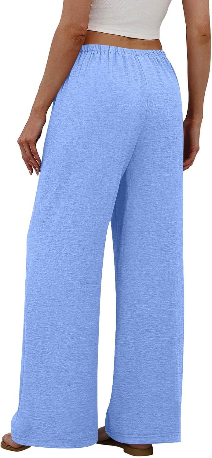 Womens Wide Leg Linen Pants Flowy Palazzo Drawstring Elastic Waist Summer Business Casual Beach Vacation Clothes