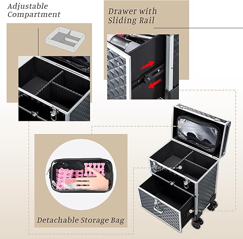 Miniatura 3 de Adazzo Estuche de maquillaje profesional con ruedas para artistas de maquillaje, estuche de tren de cosméticos multifuncional, estuche de